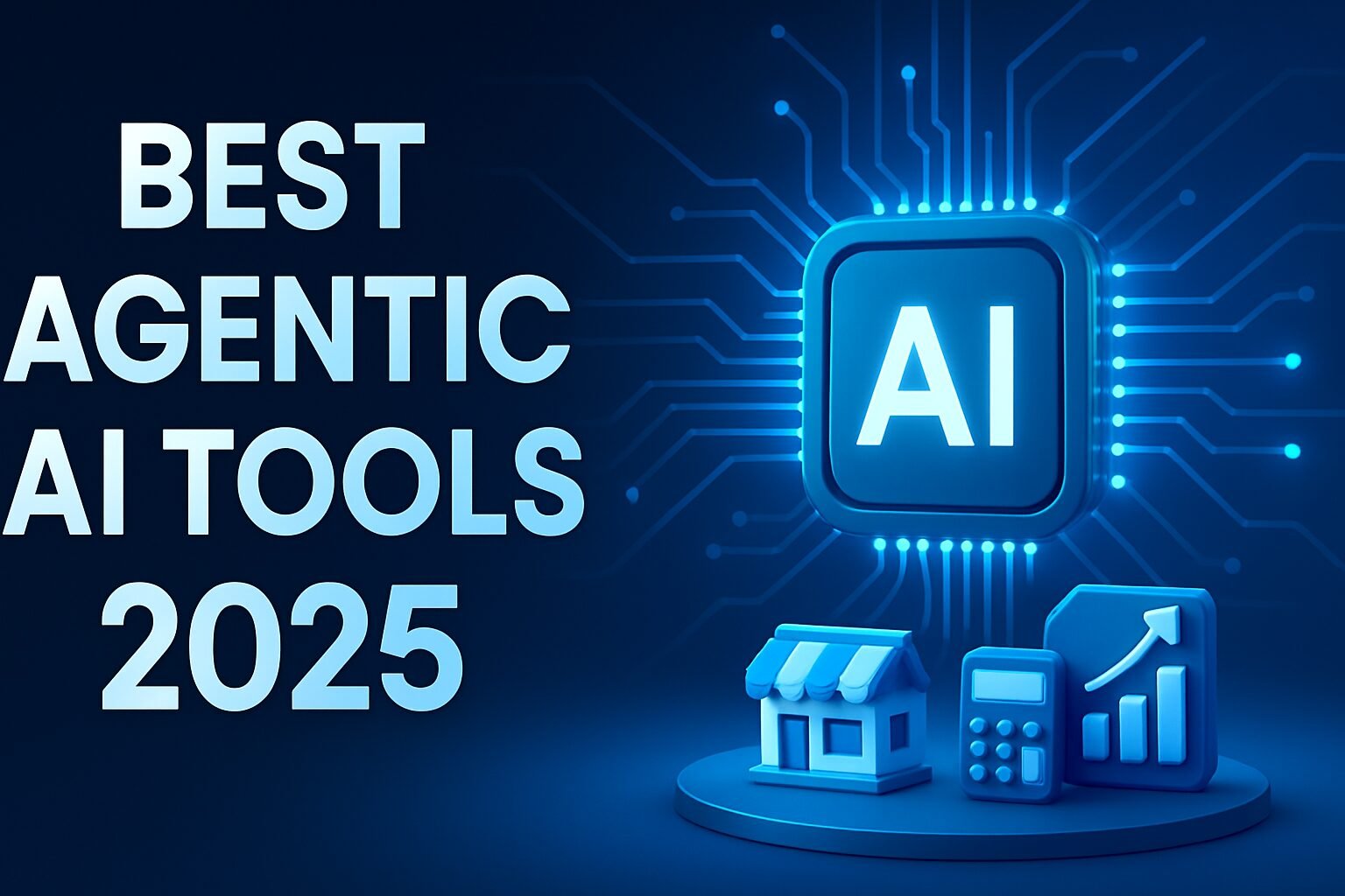 3D illustration of various AI tools assisting small business operations in 2025, futuristic office, modern technology icons.