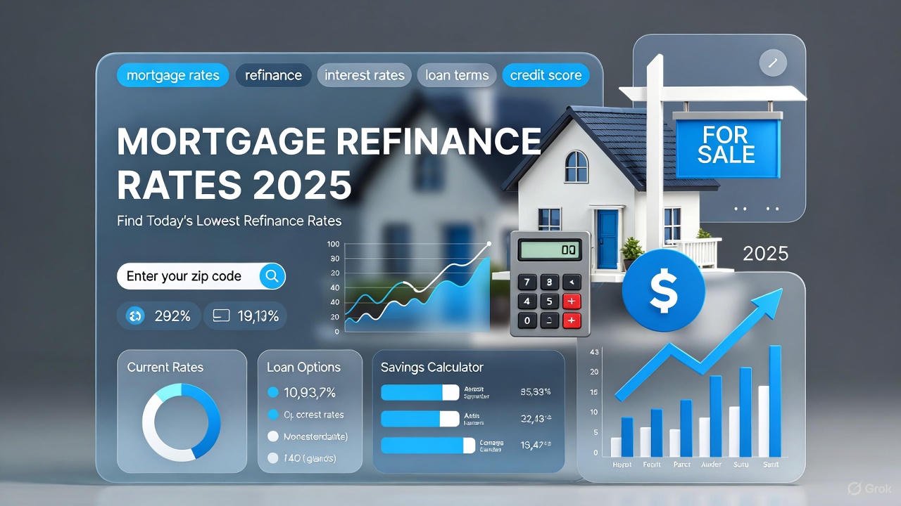 3D graphic of mortgage refinance rates 2025 trends with charts, home loan calculator, and savings forecast for homeowners